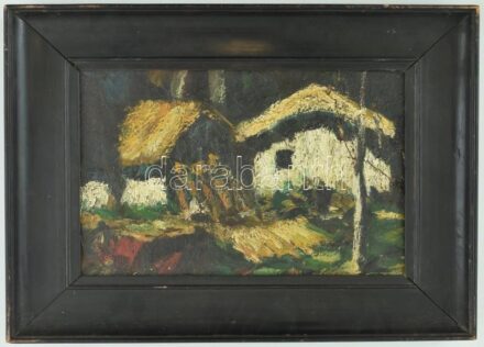 Jelzés nélkül: Napsütötte tanya. Olaj, vászon, kartonra kasírozva, sérült. Dekoratív, sarkaiban kissé sérült és kopott fa keretben. 21×30 cm