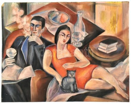 Jelzés nélkül: Férfi, nő és macska. Vegyes technika, karton, sérült, 55,5×70,5 cm