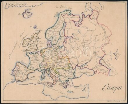 1849 Európa térkép, kézzel rajzolt iskolai térkép, 19x24 cm
