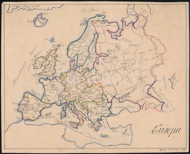 1849 Európa térkép, kézzel rajzolt iskolai térkép, 19x24 cm