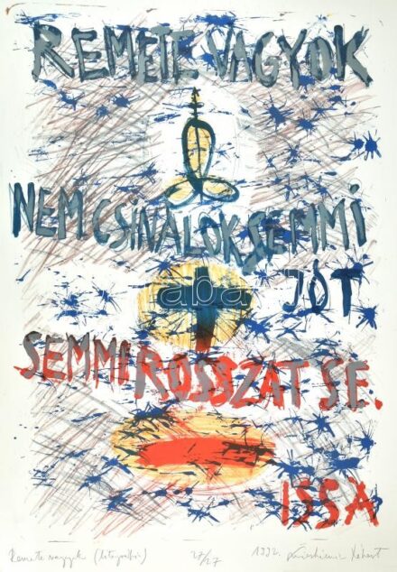 Swierkiewicz Róbert (1942-2019): Remete vagyok, 1992. Litográfia, papír. Jelzett. Számozott: 27/27. Lap jobb szélén kis szakadással. 90x64 cm. / Litograph on paper, signed, numbered. 27/27.