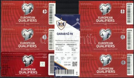 2017-2021 Vegyes futball jegy tétel, 7 db: Azerbajdzsán-Magyarország EB selejtező jegyei, 5 db; Azerbajdzsán-Németország EB selejtező jegy, 1 db; Qarabag FK-Aberdeen FC, 1 db, 3 jegyen hajtás- és kopásnyomokkal.