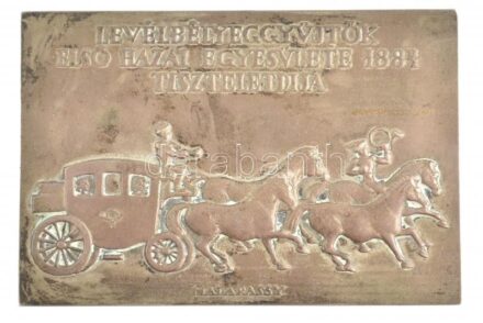 Madarassy Walter (1909-1994) DN 'Levélbélyeggyűjtők első hazai egyesülete 1884 tiszteletdíja' fém plakett (83x123mm)T:2 patina, kis ph