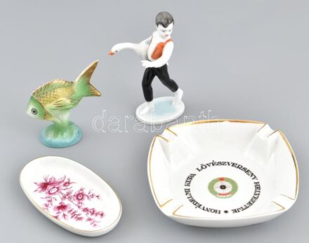 Hollóházi porcelán tálka és figura, 4 db, jelzett, kopásnyomokkal