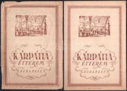 cca 1957 Kárpátia étterem 1957.VI.1. étlapja, sérült + kb. 10 db Kárpátia reklám nyomtatvány és terv