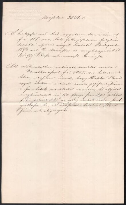 1876 Laubhainer Ferenc egyetemi rektor levele dr. Jendrassik Jenő egyetemi tanárnak 150 ft pótlék jóváhagyásáról a gépésznek, Korabeli kézzel írt másolat