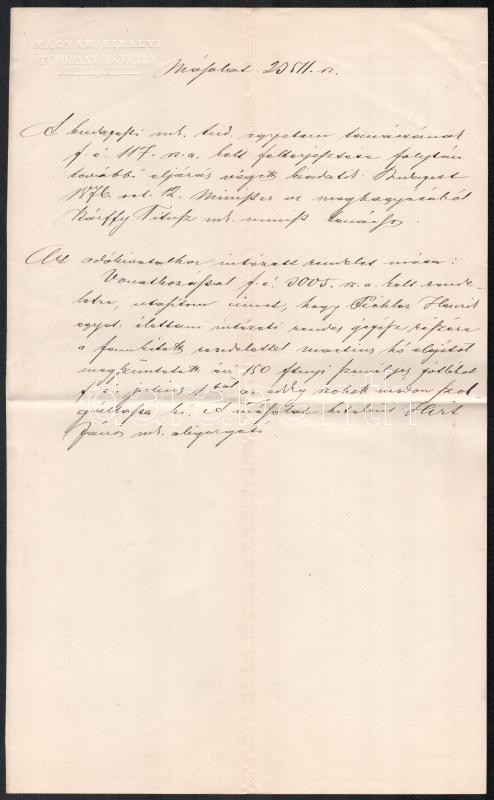 1876 Laubhainer Ferenc egyetemi rektor levele dr. Jendrassik Jenő egyetemi tanárnak 150 ft pótlék jóváhagyásáról a gépésznek, Korabeli kézzel írt másolat