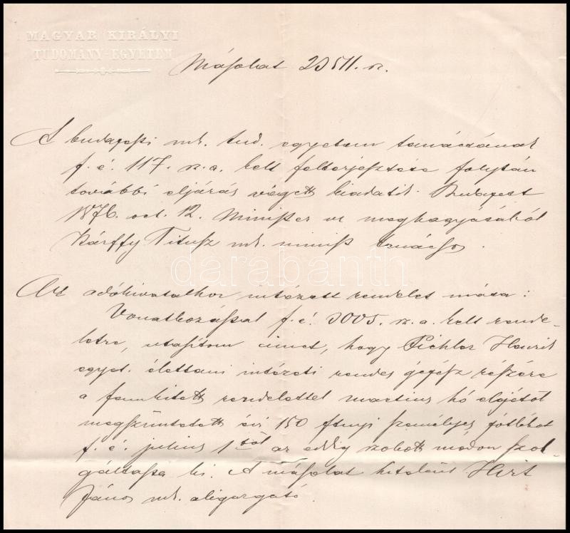 1876 Laubhainer Ferenc egyetemi rektor levele dr. Jendrassik Jenő egyetemi tanárnak 150 ft pótlék jóváhagyásáról a gépésznek, Korabeli kézzel írt másolat - Image 2