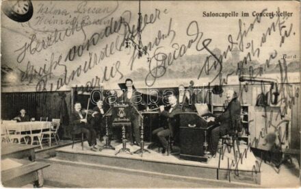 1911 Wien, Vienna, Bécs; Jos. Parzer's Restaurant 'Bürgertheater' Hauptstraße 1a. Saloncapelle im Concert-Keller / restaurant, interior with music band. 'Anitta' Wien (EK)