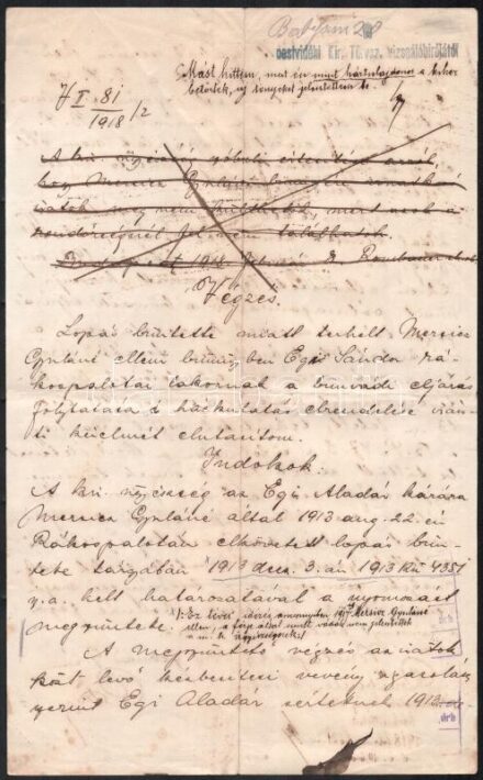 1918 Rákospalota büntetőeljárásban hozott végzés lopás miatti eljárás megszüntetésére, házkutatás visszavonására, indoklással