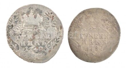 Orosz Birodalom 1748. 10k (Grivennik) Ag 'Erzsébet' (2,15g) + 1787. 10k (Grivennik) Ag 'II. Katalin' (1,65g) T:2-,3 Russian Empire 1748. 10 Kopeks (Grivennik) Ag 'Elizabeth' (2,15g) + 1787. 10 Kopeks (Grivennik) Ag 'Ekaterina II' (1,65g)
