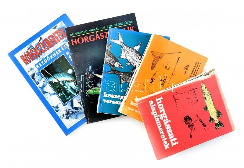 5 db horgászkönyv: Horgászati alapismeretek, Horgászcsalik, stb. Kötetenként változó kötésben és állapotban.
