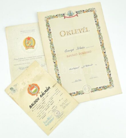 3 db szocialista oklevél, viseltes állapotban