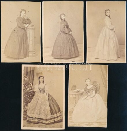 cca. 1860 ismeretlen portrék (5db), keményhátú fotó nagy része körbevágva, Mayer György pesti műterméből, cca.9,5x6 cm