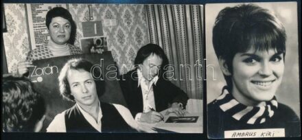 cca 1970-79 össz. 2 db fotó: Sztevanovity Zorán (1942-) dalszerző, előadó saját hanglemezét dedikálja egy lemezboltban, 9x14 és Ambrus Kyri v. Kiri (1945-2021) magyar táncdalénekesnő portréja, törésnyommal, 9,5x6,5 cm