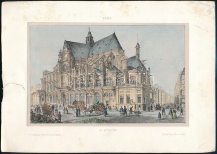 Paris, St. Eustache templom, színezett litográfia, jelzett a dúcon, kartonon, javított kartonnal, 13x20,5 cm