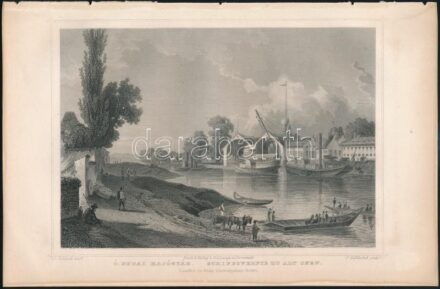 cca 1860 Ludwig Rohbock (1820-1883)-Franz Hablitschek (1824-1867): Ó-budai hajógyár, Pest, Lauffer és Stolp, acélmetszet, jelzett a dúcon, 13x18 cm, teljes: 16x24 cm