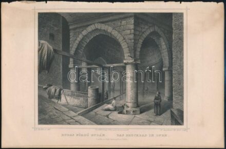 cca 1860 Ludwig Rohbock (1820-1883)- K. Gunkel&J. M. Kolb: Rudas fürdő Budán, Pest, Lauffer és Stolp, acélmetszet, jelzett a dúcon, 13x16,5 cm, teljes: 16x24 cm