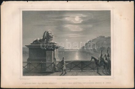 cca 1850-70 Ludwig Rohbock (1820-1883) - J. M. Kolb: A hídon (Lánchíd) Pest és Buda között, Pest, Lauffer és Stolp, acélmetszet, jelzett a dúcon, 13x17 cm, teljes: 16x24 cm