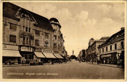 1943 Nagykanizsa, Központi szálloda és étterem, Városháza, Szabó, Grünfeld, Weiszfeld és Fischer és Hattyú üzlete, automobil (EB)