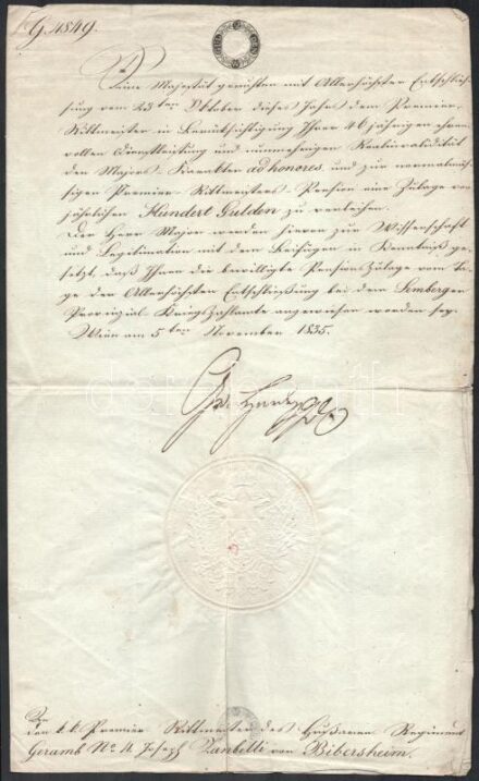 1835 biebersheimi Zanbelli József huszár őrnagyi kinevezése szárazpecséttel