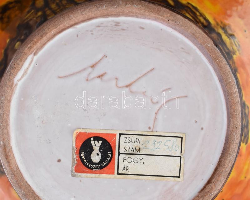 Mihály Béla: Retró gyertyatartó, színes mázakkal festett kerámia, jelzett, hibátlan, d: 19 cm - Image 3