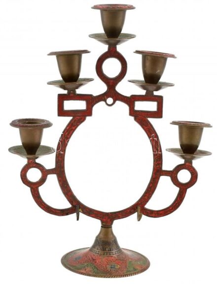 Réz 5 ágú gyertyatartó, kopott, m:25 cm