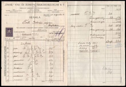 cca 1900-1948 vegyes papírrégiség tétel, 12 db: számla, okmány és levél tétel, többféle cégtől (Orion villamossági Rt. Bp., Nattán Manó és József Balatonalmádi, Nic Weiszmüller Lovrin, stb.), hajtásnyomokkal, helyenként
