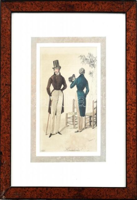 1835 színezett rézmetszetű divatkép a Honművész folyóiratból, foltos, 149,5x12cm