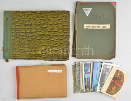 3 db régi képeslap album szakadásokkal + kb. 60 db modern képeslap / 3 old postcard albums with some tears + cca. 60 modern postcards