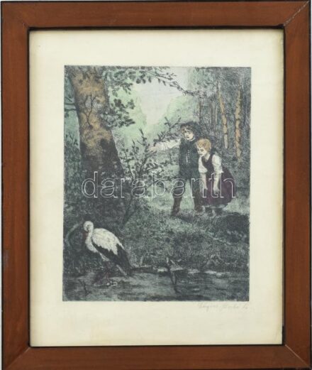 Zóyom Szabó L. jelzéssel: Gólyát néző gyermekek. Rézkarc, papír. Üvegezett, kopott fakeretben. Sérült. 23x18cm