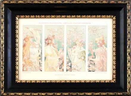 cca 1906 P.V.Gelland: 4 évszak allegóriája. Dekorative Vorbilder XIV., Verlag von Julius Hoffmann. Üvegezett, dekoratív fakeretben. 23x33 cm