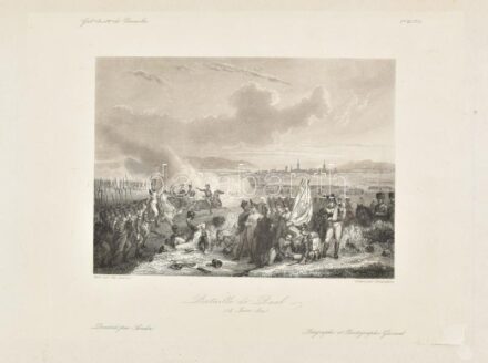 1809 A Győri csata. Brunelliere metszete Gavard, Ch: Galérie historiques de Versailles c. művéből. Acélmetszet. 1809. júlnus 14-én a JÁnos főherceg vezette osztrák sereg, benne magyar nemesi felkelés csapatai a győri csatában