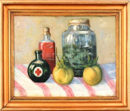 Olvashatatlan jelzéssel: Unicum-os csendélet. 1910 körül. Olaj, karton. sérült. Kopott, sérült keretben. 37x50cm