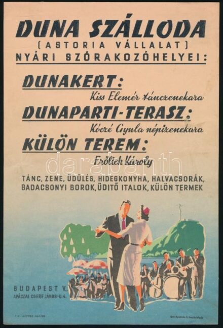 Duna Szálloda (Astoria Vállalat) nyári szórakozóhelyei. Kisplakát/villamosplakát. Ofszet, papír. Kisebb gyűrődésekkel, kissé foltos. 24x16,5 cm