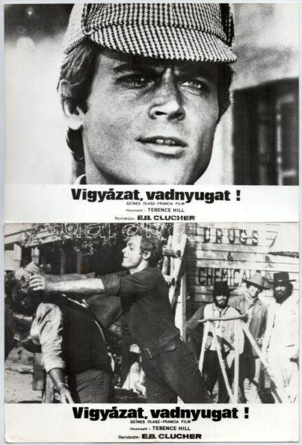 1972 ,,Vigyázat, vadnyugat' című olasz-francia western film szereplői (köztük Terence Hill) és jelenetei, 13 db vintage produkciós filmfotó, 18x24 cm
