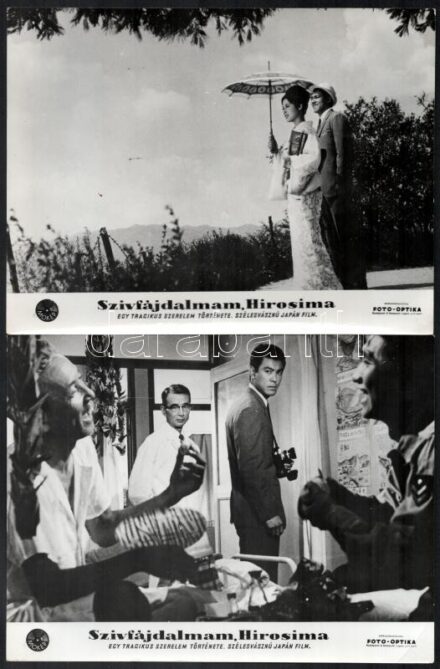 1959 ,,Szívfájdalmam Hirosima' című japán film szereplői és jelenetei, 13 db vintage produkciós filmfotó, 18x24 cm