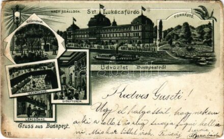 1898 (Vorläufer) Budapest II. Szent Lukács fürdő, Nagyszálloda, forrástó, gyógyudvar, iszapfürdő, gyógyterem, lépcsőház. Art Nouveau, litho (EM)