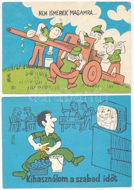 9 db MODERN magyar katonai humoros grafikus képeslap: Pusztai Pál rajzai / 9 modern Hungarian humorous military graphic postcards