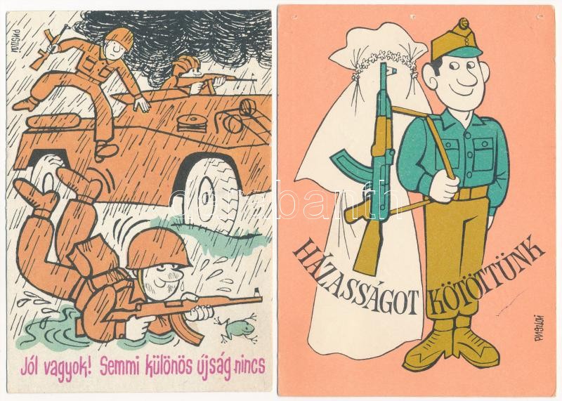 9 db MODERN magyar katonai humoros grafikus képeslap: Pusztai Pál rajzai / 9 modern Hungarian humorous military graphic postcards - Image 2