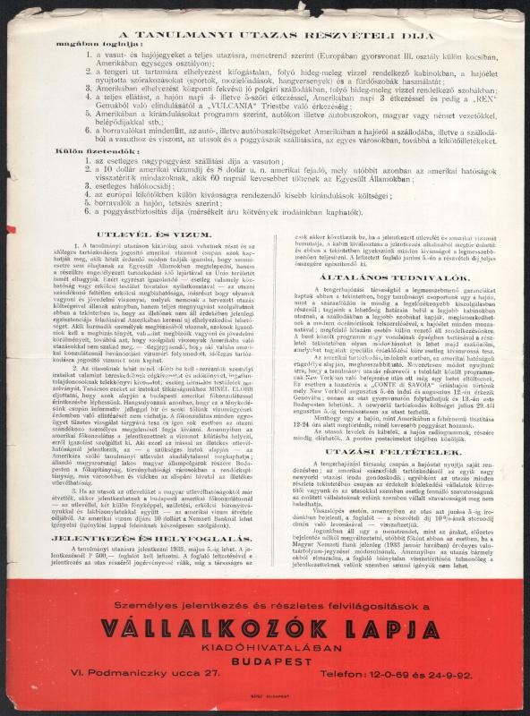1933 Vállalkozók Lapja tanulmányi utazása az Egyesült Államokba, a chicagói világkiállításra, négyoldalas illusztrált reklám nyomtatvány a tervezett utazás részletes programjával, lapszéli apró sérülésekkel, 31,5x23 cm - Image 4