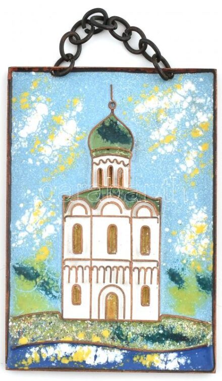 Szovjet zománckép, templom, 9,5x7cm