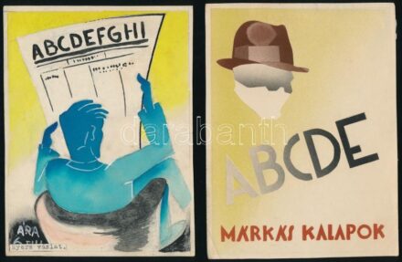 cca 1940 össz. 2 db reklám terv: 'Márkás kalapok' és újságolvasó . Akvarell, tempera, ceruza, papír. Egyik hátoldalán Malomvizi jelzéssel, 15x11,5 cm /