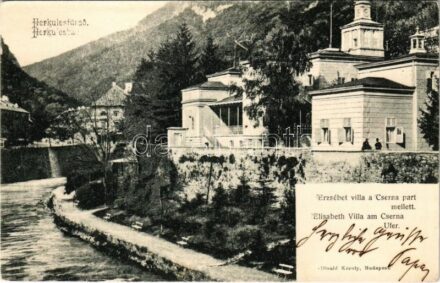 1903 Herkulesfürdő, Baile Herculane; Erzsébet villa a Cserna part mellett. Divald Károly kiadása / Elisabeth Villa am Cserna Ufer / Cerna riverside, villa (EK)