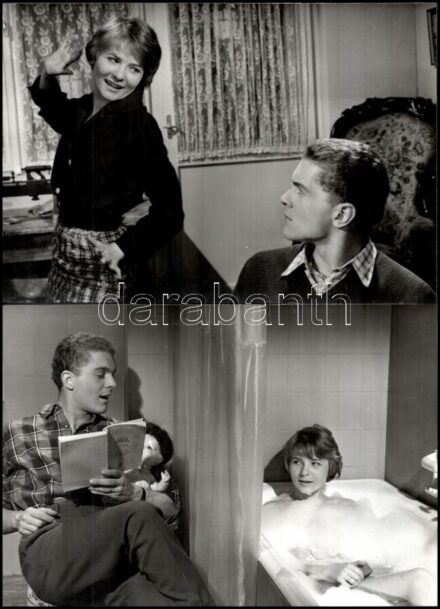 1960 Törőcsik Mari (1935-2021) a Nemzet Színésze a ,,Két emelet boldogság' című film három jelenetében, 3 db vintage produkciós filmfotó, 20x29 cm