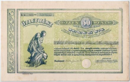 Budapest 1942. 'Hangya Termelő-Értékesítő és Fogyasztási Szövetkezet' részvénye 50P-ről, szárazpecséttel, szelvényekkel T:I- jobb felső sarkán tűzőkapocs lyukak