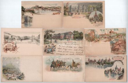 22 db (hiányos sorozat) Ezredéves Kiállítás művészlap díjjegyes lapok jó minőségben: 5 db 5 Krajcáros piros Ga. (többi barna 2 Kr.), 3 db 1896-os / 22 (missing series) Hungarian Millenium Exposition art postcards. With 5 red 5 Kr Ga.