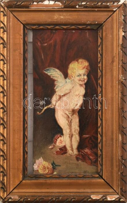Jelzés nélkül: Ámor. Olaj, falemez. Hátoldalán 'Benczur után 1955' felirattal. Dekoratív, sérült fa keretben. 10,5x9 cm