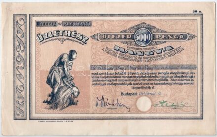Budapest 1941. 'Hangya Termelő-Értékesítő és Fogyasztási Szövetkezet' részvénye 5000P-ről, szárazpecséttel, szelvényekkel T:II bal felső sarkán ceruzás firka, oldalán pár apró szakadás