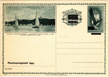 1935 Tihany, Balaton, vitorlások. Postaszolgálati ügy. levelezőlap